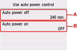 Automatic power control setting screen