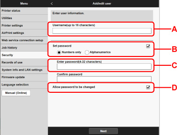 Remote UI user registration screen