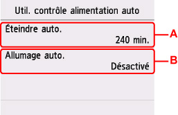 Écran de paramétrage du contrôle automatique de l'alimentation