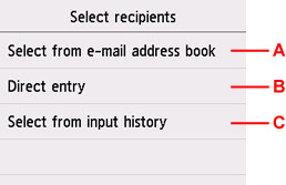 Obrazovka pro výběr příjemce
