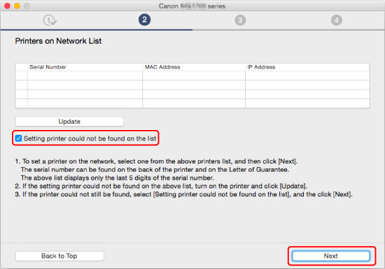 figure: Printer on the Printers on Network List screen