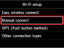 Wi-Fi setup screen: Select Manual connect