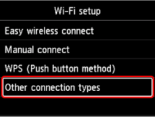 Wi-Fi setup screen: Select Other connection types