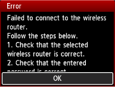 Error screen: Failed to connect to the wireless router