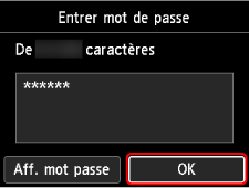 Écran de confirmation du mot de passe