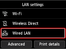 Schermata Impostazioni LAN: Selezionare LAN wired
