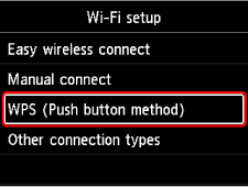 Zaslon Nastavitev Wi-Fi: Izberite WPS (način z gumbom).