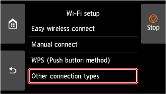 Wi-Fi setup screen: Select Other connection types