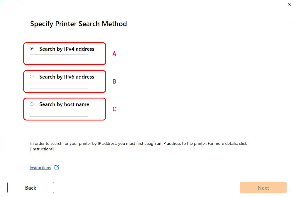 figure: Printer Search Method Selection screen