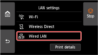 Pantalla Configuración de LAN: Seleccione LAN cableada