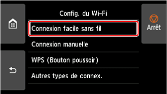 Écran de configuration Wi-Fi : Sélectionnez Connexion facile sans fil