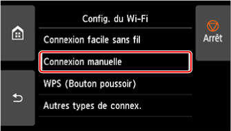 Écran Config. du Wi-Fi : sélectionnez Connexion manuelle