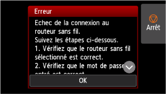 Écran d'erreur : Echec de la connexion au routeur sans fil