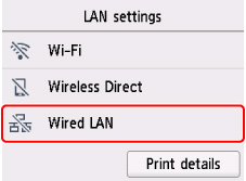 Pantalla Configuración de LAN: Seleccione LAN cableada