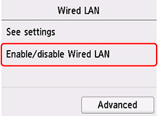 Schermata LAN wired: Selezionare LAN wired attiva/inattiva