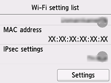 Schermata Elenco Impostazioni Wi-Fi