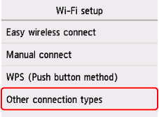 Tela Configuração de Wi-Fi: Selecione Outros tipos de conexão