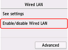 Tela LAN com fio: selecione LAN com fio de ativ./inativa