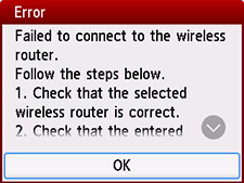 Error screen: Failed to connect to the wireless router