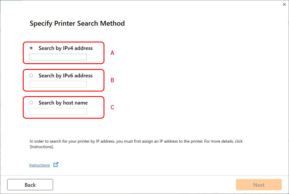 figure: Printer Search Method Selection screen