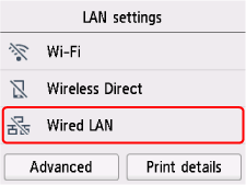 LAN settings screen: Select Wired LAN