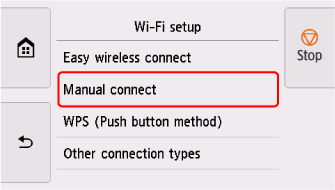 Wi-Fi setup screen: Select Manual connect
