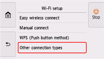 Wi-Fi setup screen: Select Other connection types