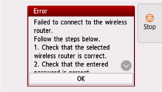 Pantalla de error: Error al conectar con el router inalámbrico
