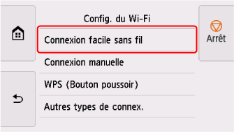 Écran de configuration Wi-Fi : Sélectionnez Connexion facile sans fil