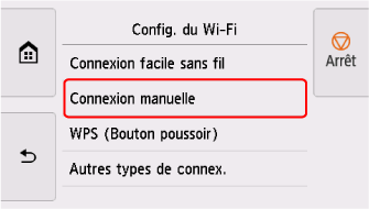 Écran Config. du Wi-Fi : sélectionnez Connexion manuelle