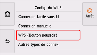 Écran Configuration Wi-Fi : sélectionnez WPS (Bouton pouss.)