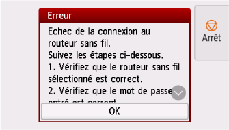 Écran d'erreur : Echec de la connexion au routeur sans fil