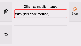 Tela Outros tipos de conexão: Selecione WPS (Método código de PIN)