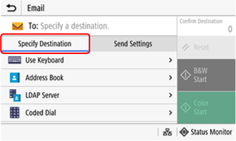 Scan-to-email destination settings screen
