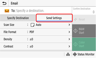 Scan-to-email send settings screen