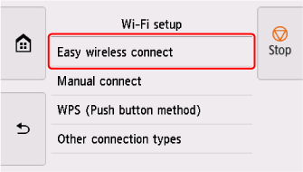 Wi-Fi setup screen: Select Easy wireless connect