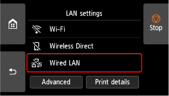 LAN settings screen: Select Wired LAN