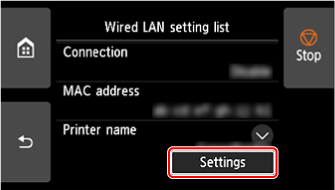 LAN settings screen: Select Wired LAN