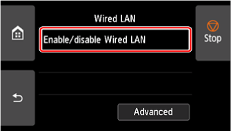 Wired LAN screen: Select Enable/disable Wired LAN