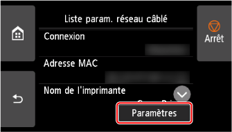 Écran Paramètres réseau&nbsp;: Sélectionnez Réseau câblé