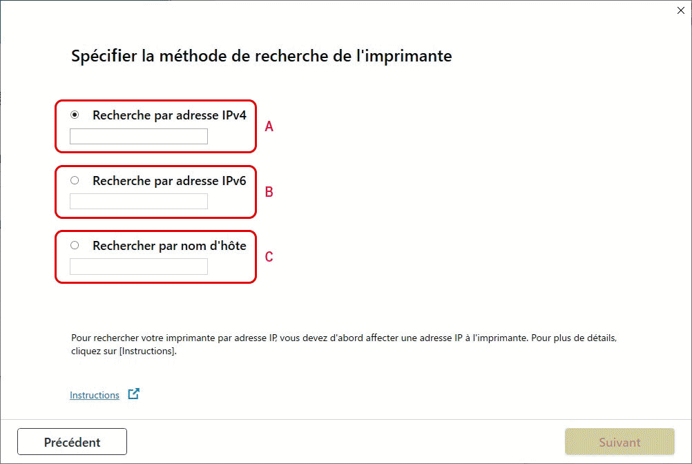 figure : Écran Sélection de la méthode de recherche de l'imprimante