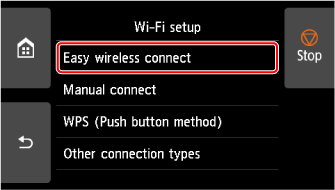 Tela de configuração de Wi-Fi: Selecione Conexão sem fio Easy