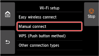 Wi-Fi setup screen: Select Manual connect