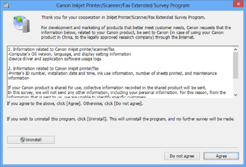 Obrázok: obrazovka Programu rozšíreného prieskumu používania atramentových tlačiarní, skenerov alebo faxov v systéme Windows
