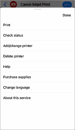 Print, check status, add/change printer, delete printer, help, purchase supplies, change language, about this service.
