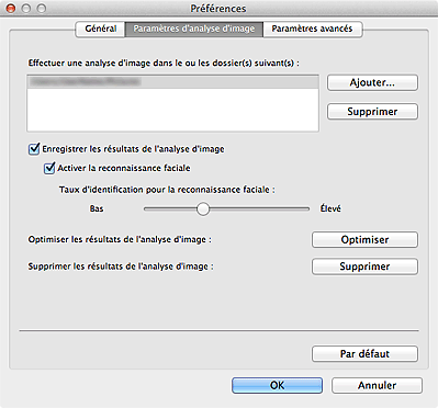 figure : onglet Paramètres de l'analyse d'images de la boîte de dialogue Préférences