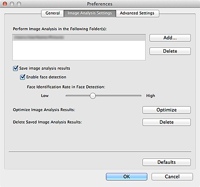 figure: Image Analysis Settings tab of the Preferences dialog