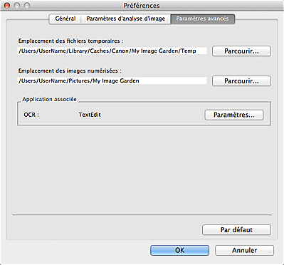 figure : onglet Paramètres avancés de la boîte de dialogue Préférences