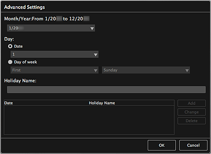 figure: Advanced Settings dialog (Calendar)