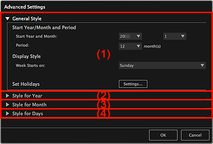 figure: Advanced Settings dialog (Calendar)